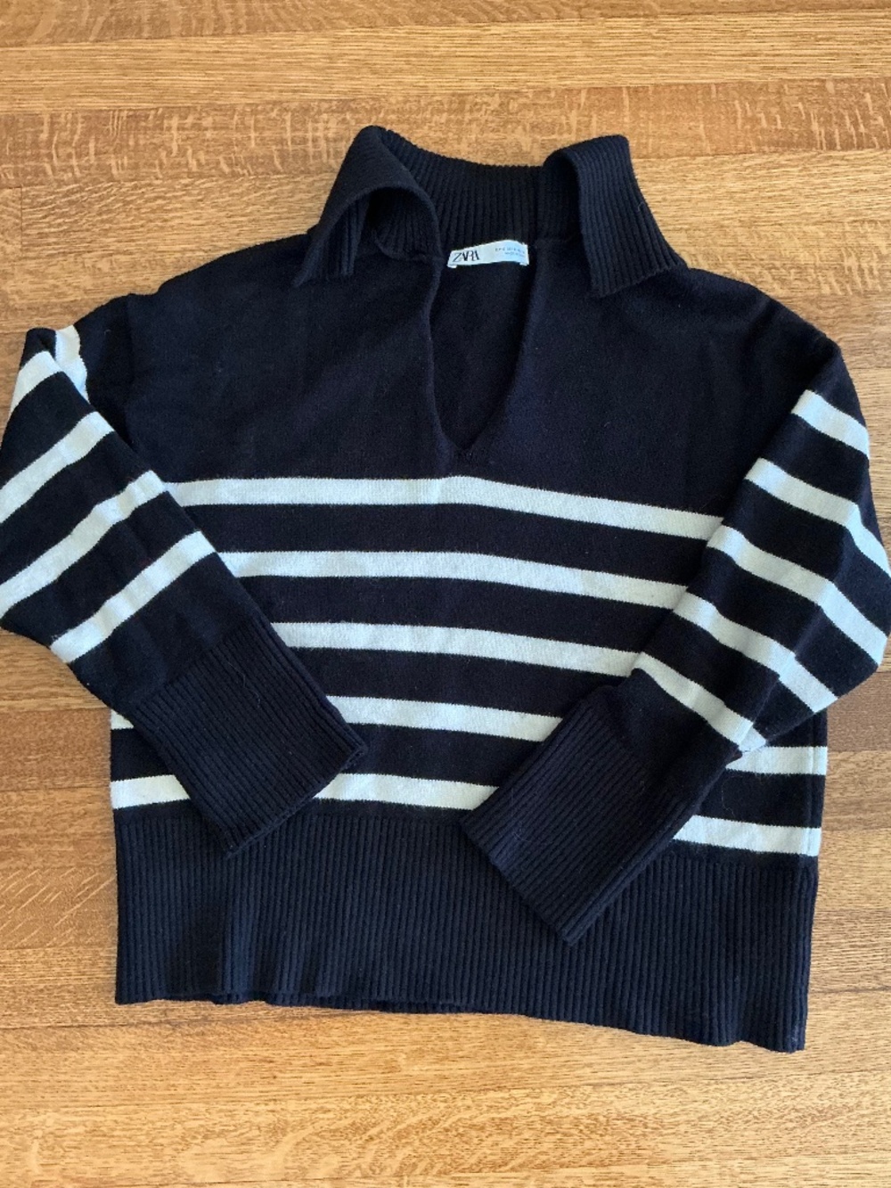 Zara Classic Oversized Black & White Striped Knit Sweater w/ Collar Women’s Smal